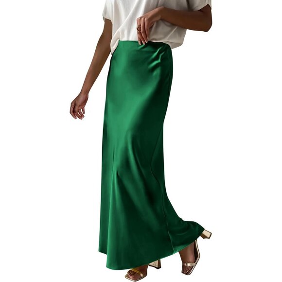 Women Deep Green Maxi Dressy Casual Zipped High Waisted Silk Elegant Long Skirt - Picture 1 of 7